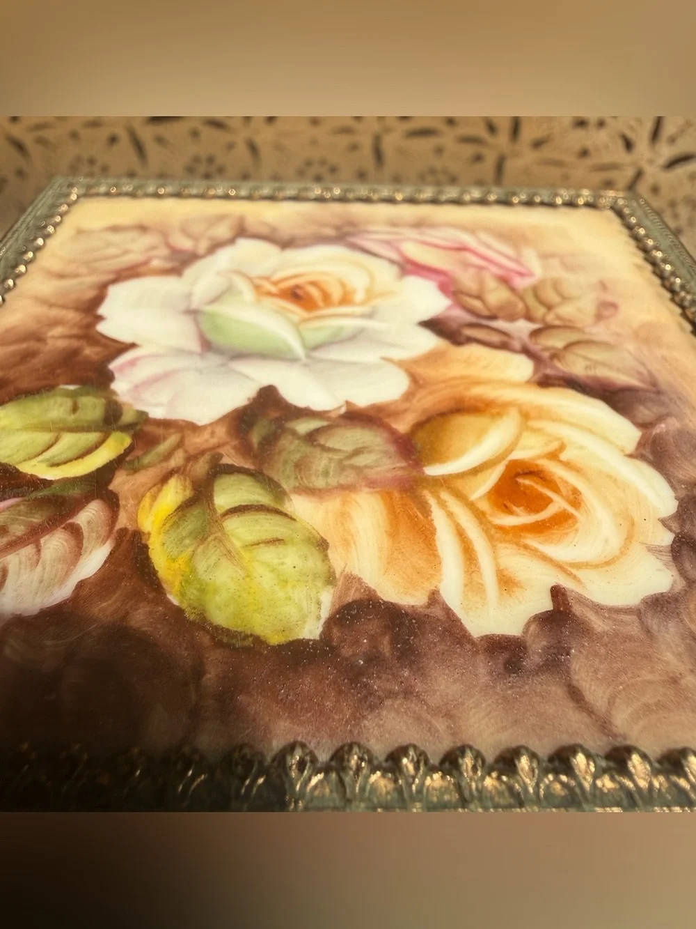 VTG Matson Style Gold Filigree Jewelry Box Casket Porcelain Rose Velvet Lined 4